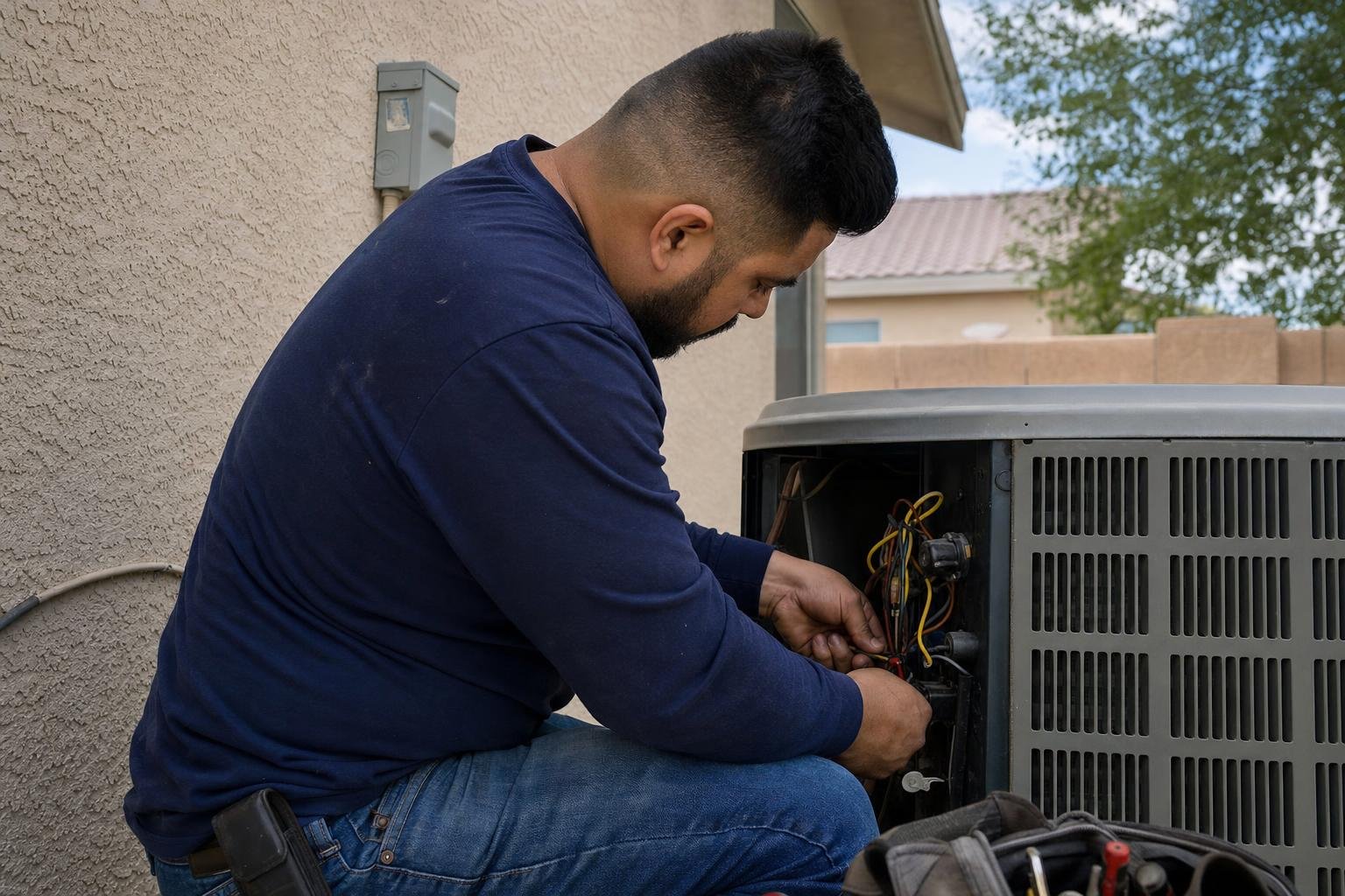 A man in a blue shirt repairs an outdoor air conditioning unit next to a house, using tools and working with wires inside the unit on a sunny day.