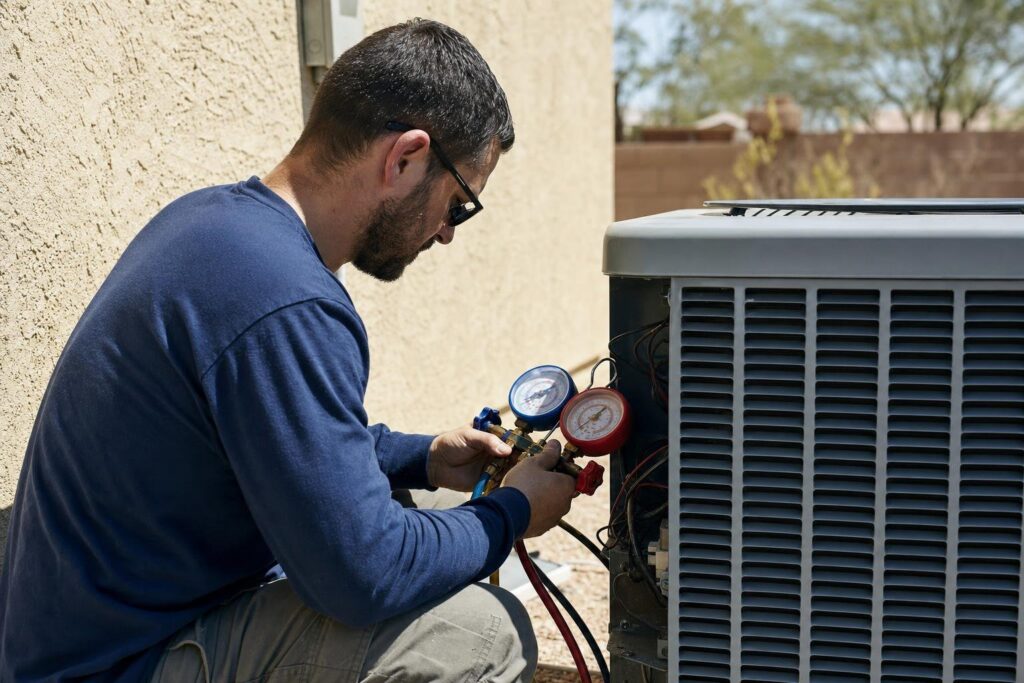 A technician in a blue shirt checks pressure gauges while servicing an outdoor air conditioning unit next to a house on a sunny day.