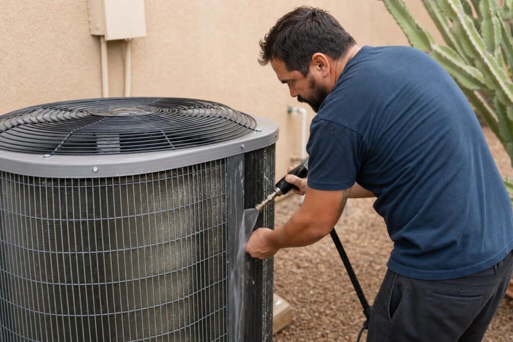A man uses a hose to clean the outside of an air conditioning unit next to a building, with a cactus visible nearby.