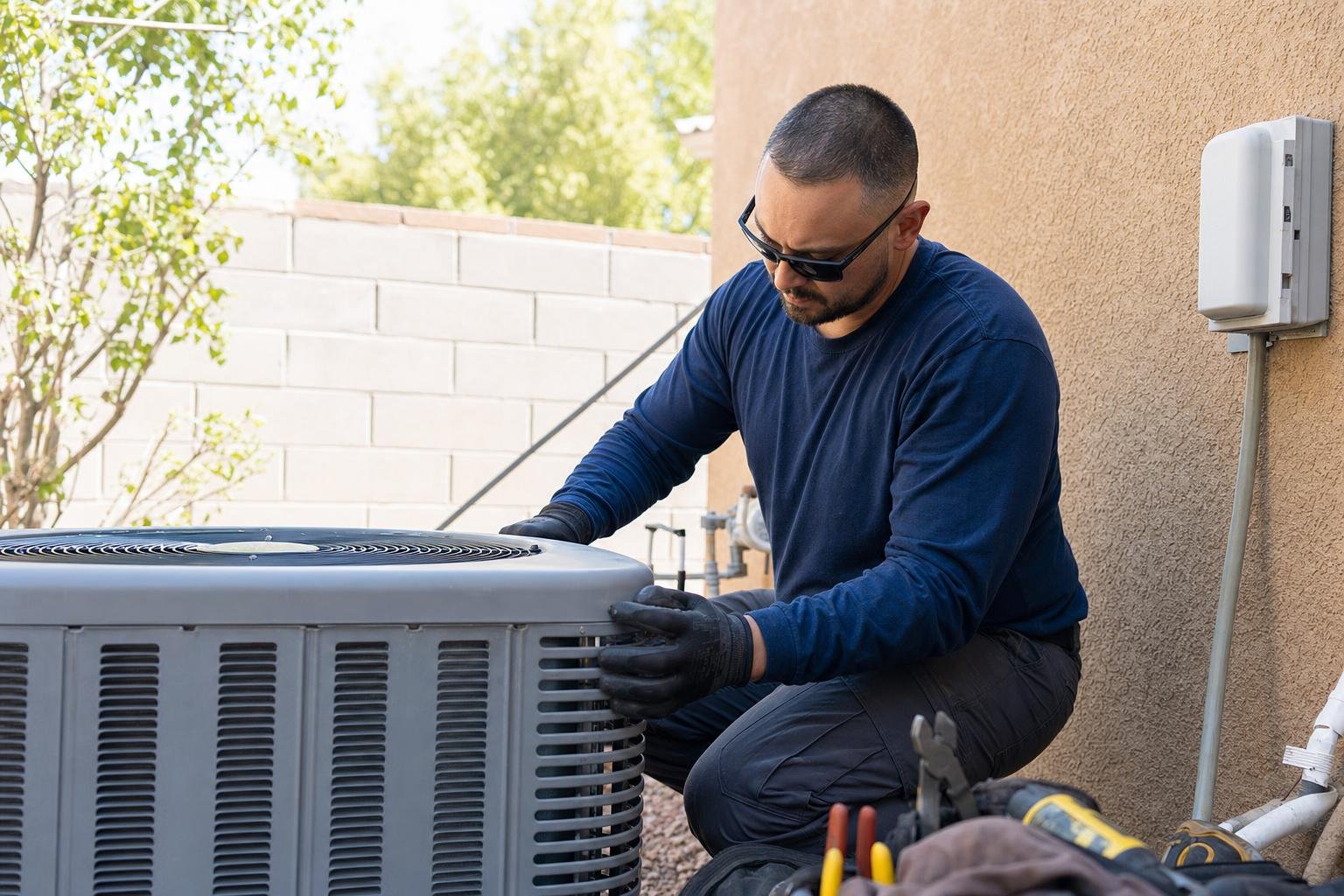 A man wearing sunglasses and gloves is servicing an outdoor air conditioning unit next to a house. Tools are visible on the ground near him.