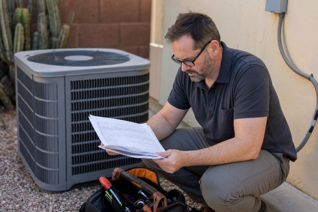 A man wearing glasses kneels outside near an air conditioning unit, looking at paperwork. He has a tool bag with various tools beside him on the gravel ground.