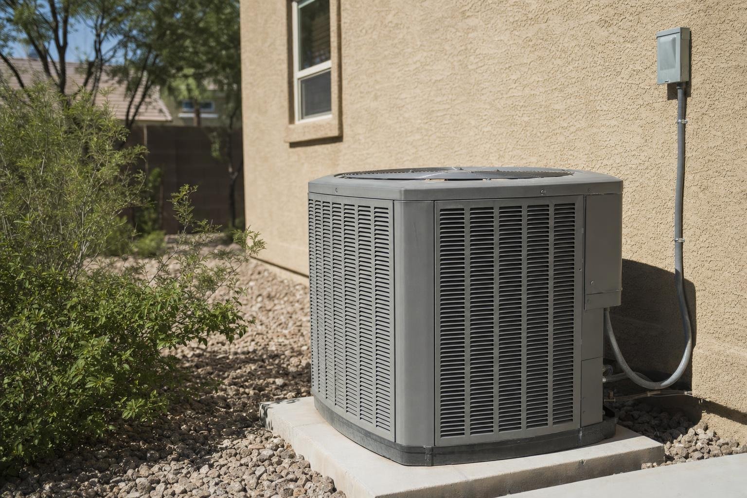 An outdoor air conditioning unit sits on a concrete pad beside a tan stucco house, surrounded by gravel and some green shrubs, with an electrical box mounted on the wall nearby.