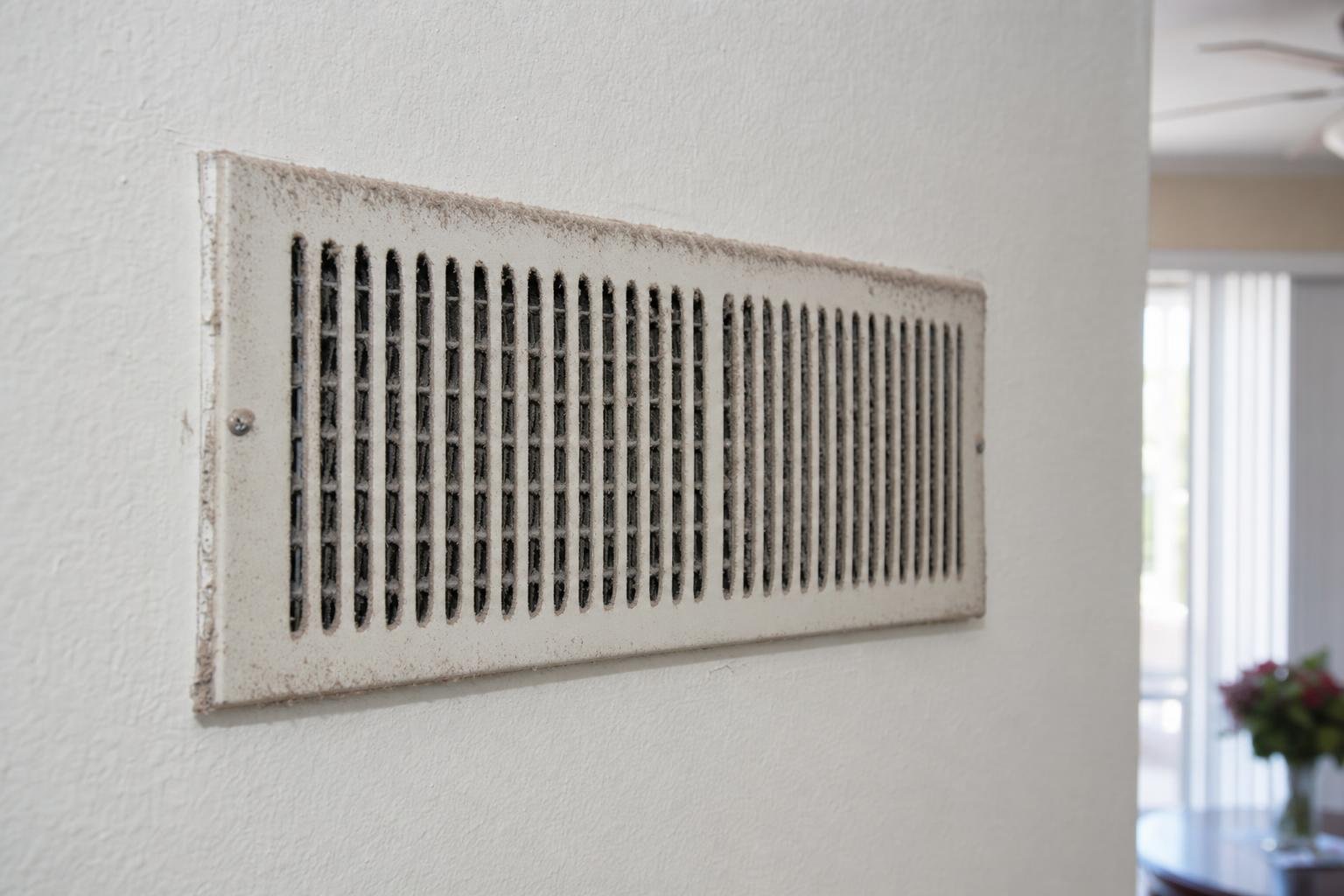 A close-up of a dusty air vent on a white wall inside a home, with part of a bright, sunlit room visible in the blurred background.