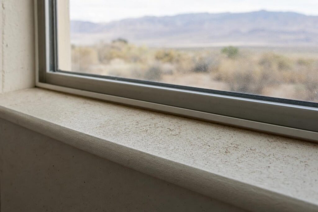 A close-up of a dusty indoor windowsill with a window showing a blurred view of dry, scrubby desert landscape and distant mountains outside.