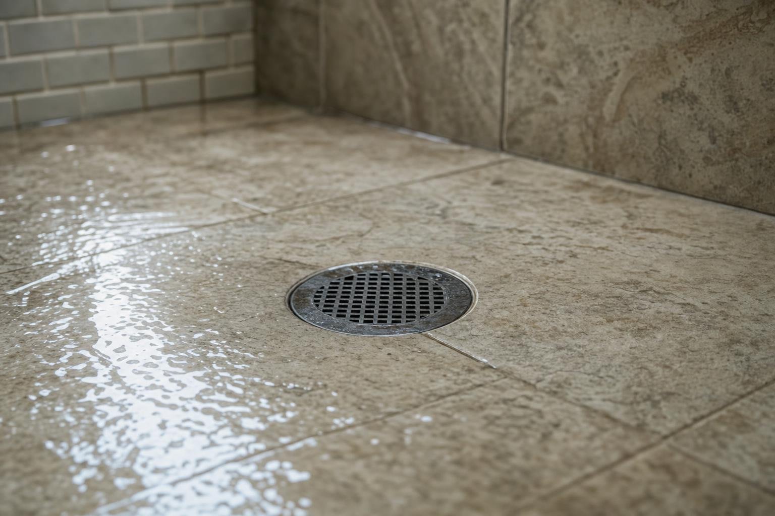A close-up of a wet, tiled shower floor with water pooling around a circular metal drain in the center. The tiles are beige and the walls have a matching tile pattern.