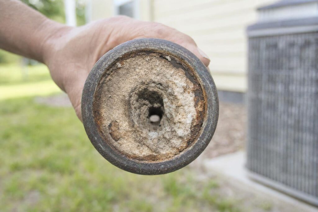 A hand holds a heavily corroded pipe with significant mineral buildup inside, showing blockage. An outdoor air conditioning unit and a yellow building are visible in the blurry background.