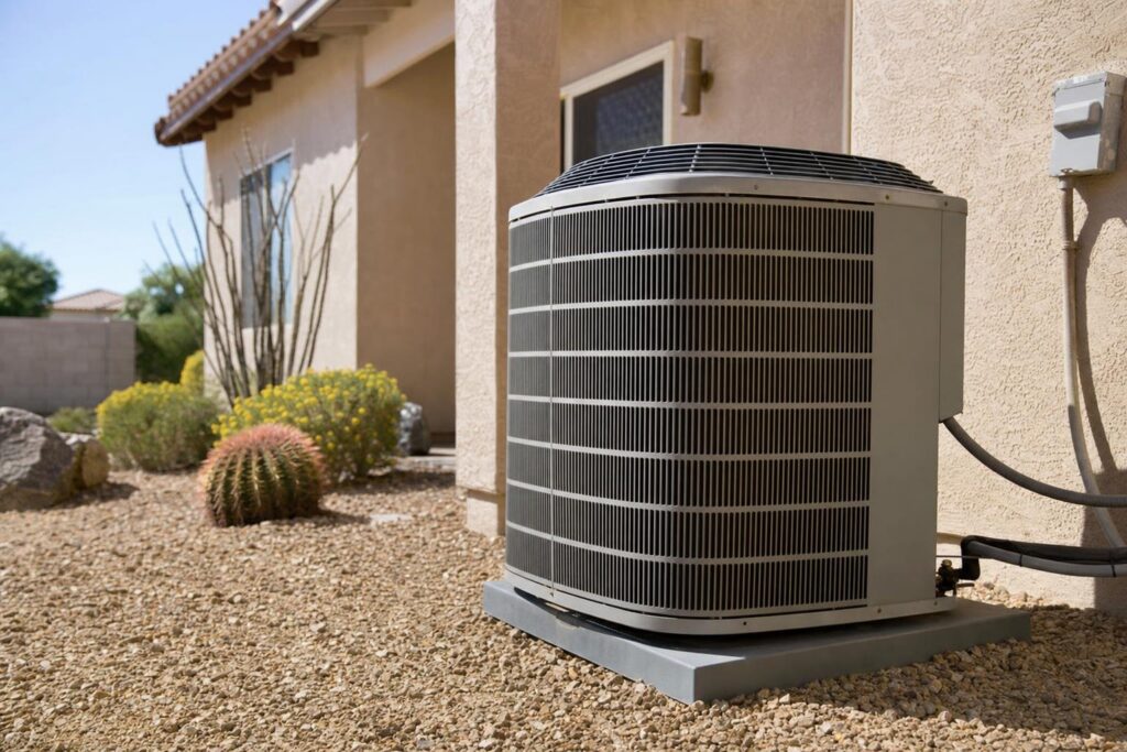Outdoor air conditioning unit next to a beige house with desert landscaping, including rocks, cacti, and shrubs, under a clear sky.
