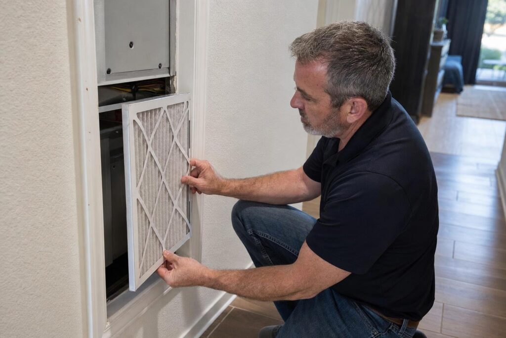 A man kneels while replacing an air filter in a wall-mounted HVAC unit inside a home.