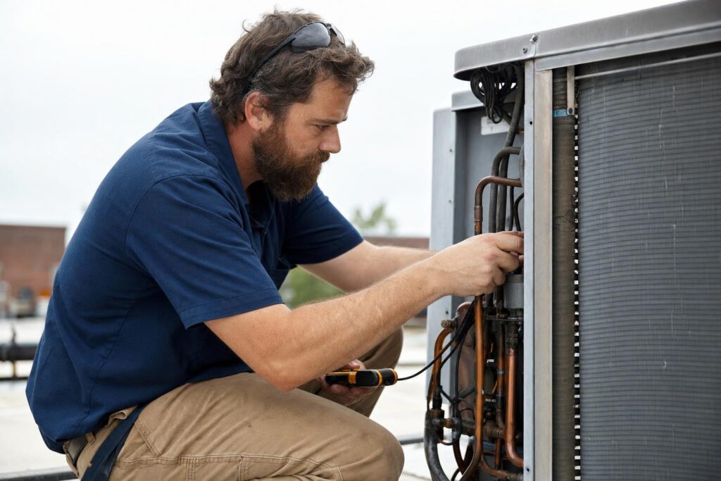 A man in a blue shirt and khaki pants works on an outdoor HVAC unit, using a tool to check wiring or connections, with focus and concentration.