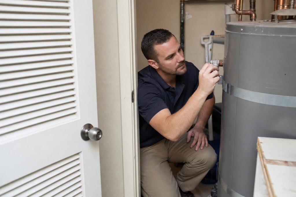 A man kneels beside a water heater, inspecting a valve or connection, inside a small utility closet with a white louvered door ajar.
