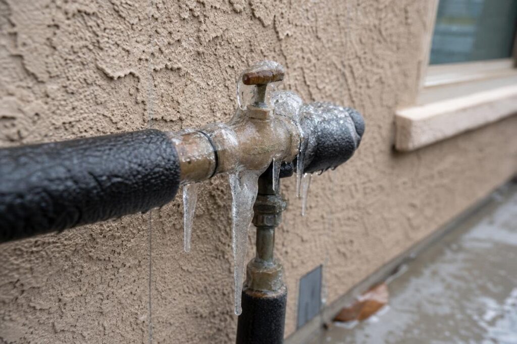 A frozen outdoor pipe covered in icicles is attached to a stucco wall near a window, with some ice on the ground below.