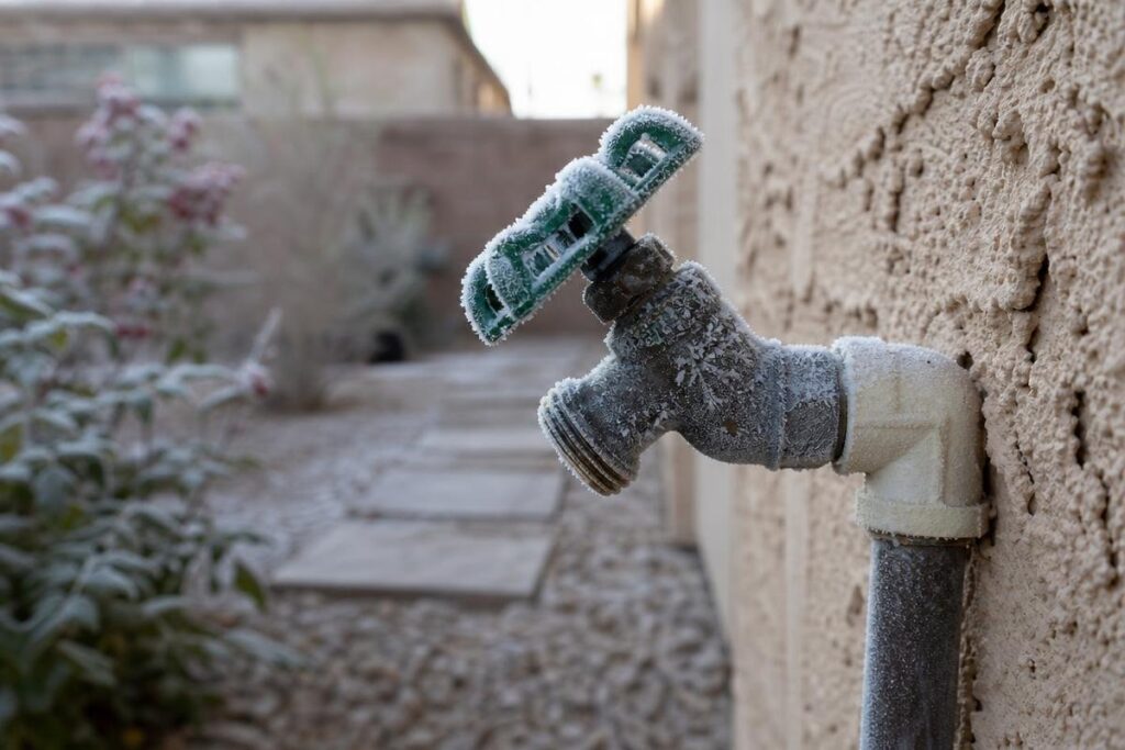 A close-up of a frost-covered outdoor water faucet attached to a stucco wall, with a cold, frosty garden and a stone path in the blurred background.