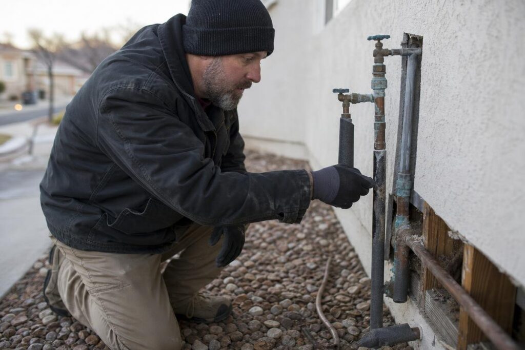 A person in a black beanie and jacket kneels outdoors, inspecting or adjusting pipes attached to a building wall, surrounded by rocks.
