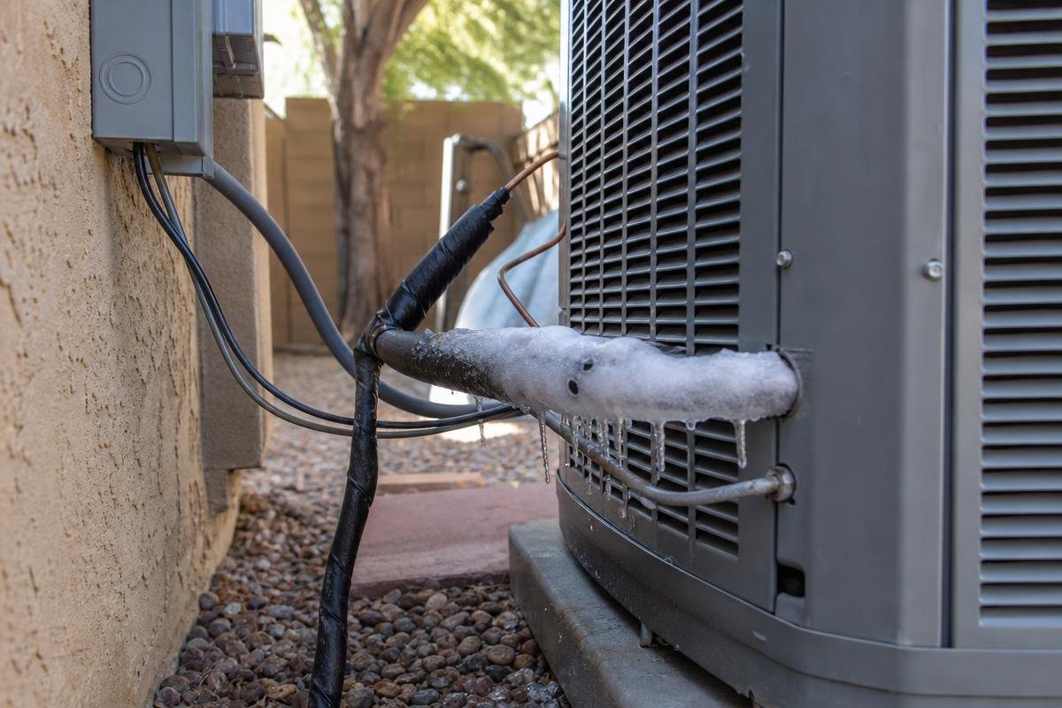 An outdoor air conditioning unit with a refrigerant pipe covered in ice buildup, next to a house wall and surrounded by gravel and a tree in the background.