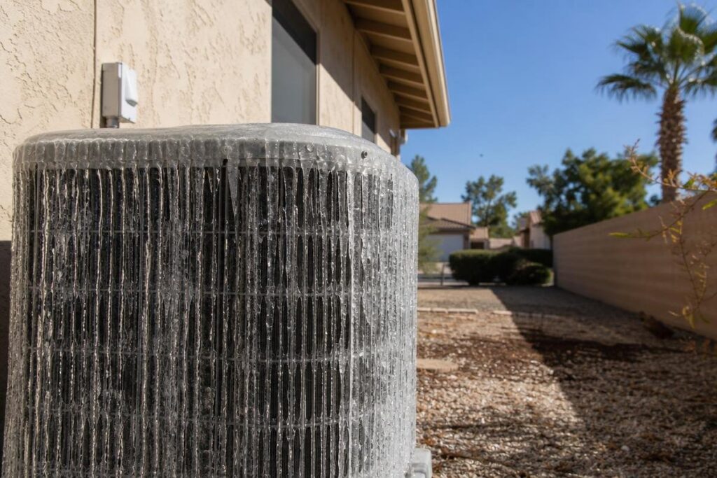 An outdoor air conditioning unit is covered in a thick layer of ice, next to a house in a dry, landscaped yard with palm trees and clear blue sky in the background.