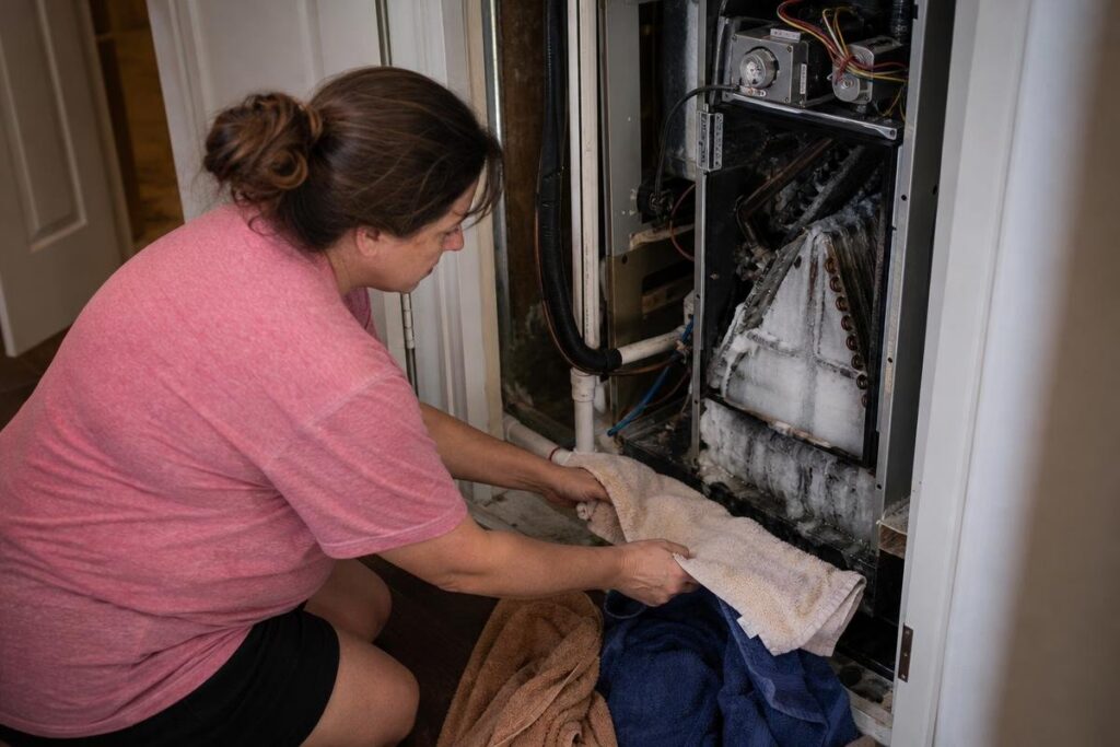 A woman kneels on the floor, placing towels below a leaking and ice-covered HVAC unit inside a closet. She appears to be absorbing water from the malfunctioning appliance.
