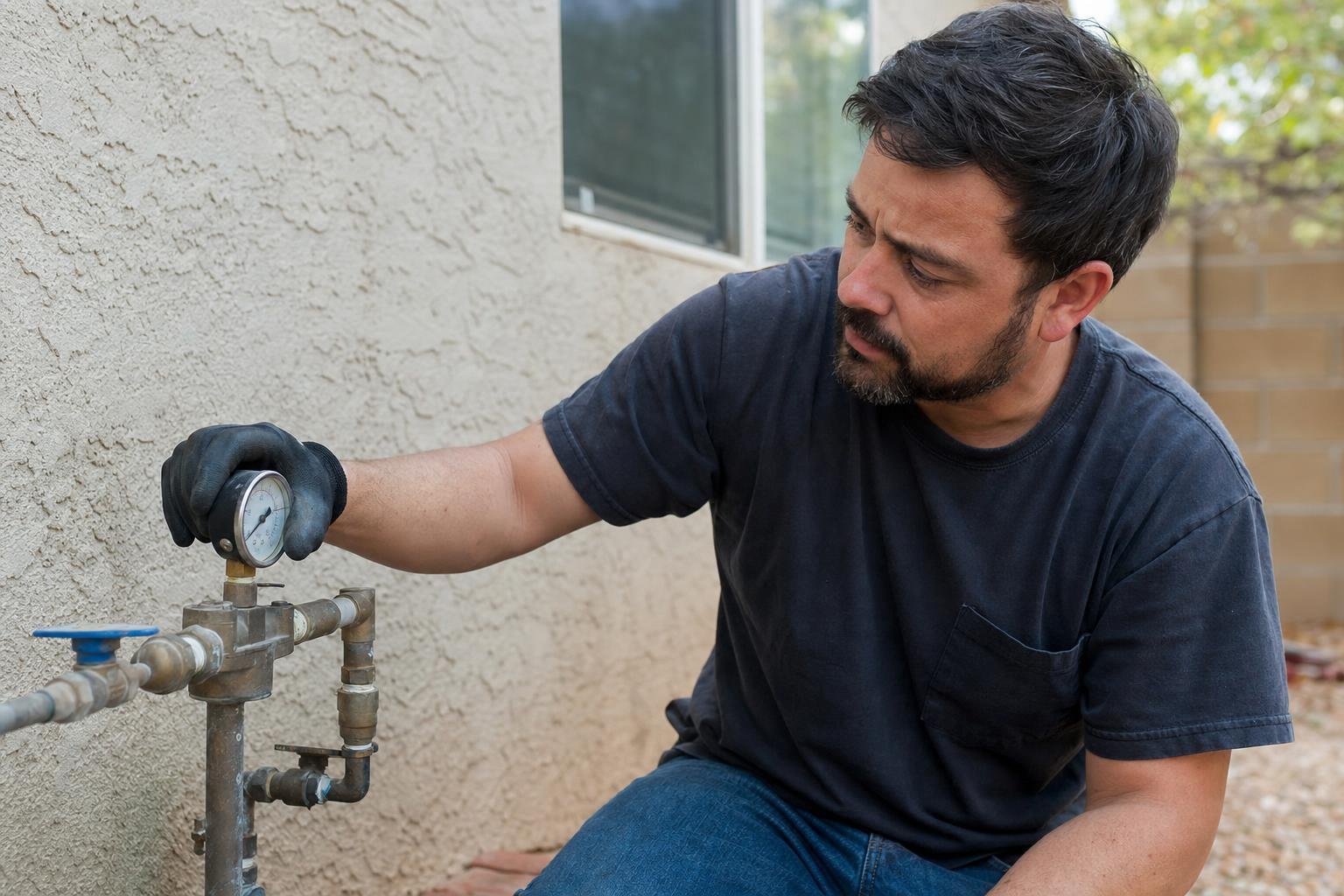 A man wearing a black glove checks a pressure gauge on a gas line outside a house, near a textured wall and window.