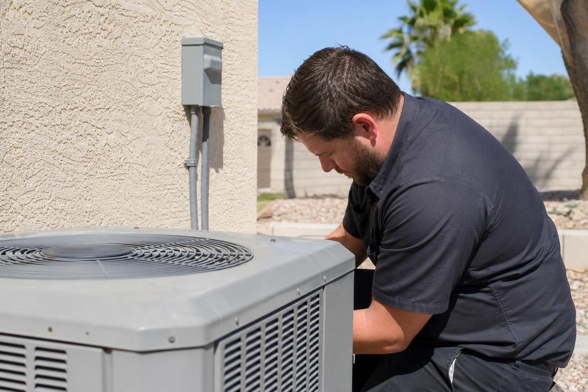 A technician in a dark shirt works on an outdoor air conditioning unit next to a beige building, with a sunny yard and palm trees in the background.