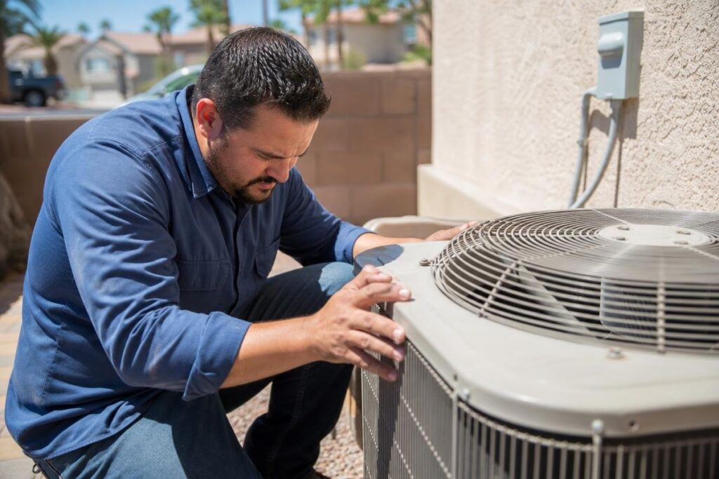 A man in a blue shirt inspects or repairs an outdoor air conditioning unit next to a house on a sunny day.