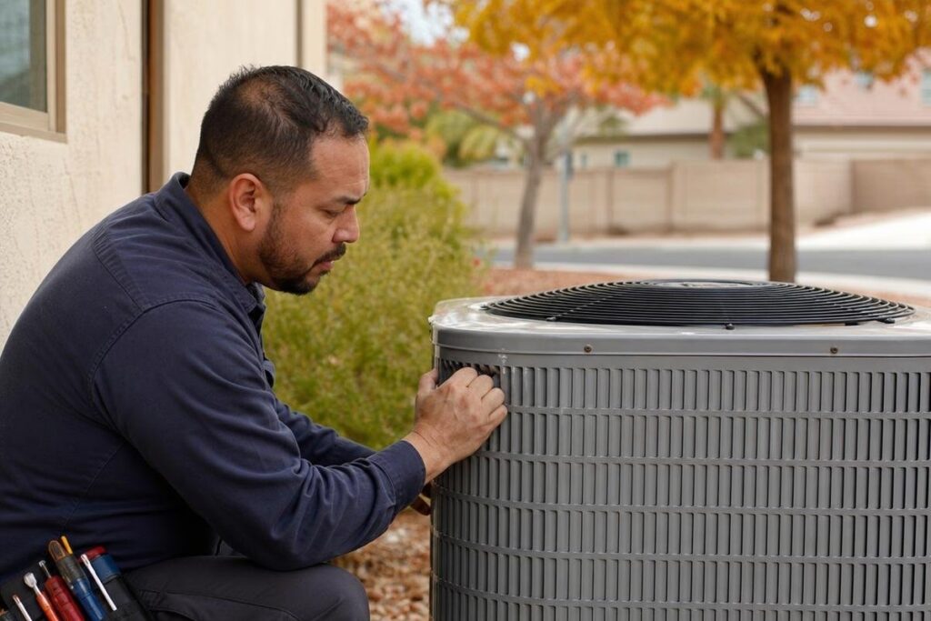 A technician repairs an outdoor air conditioning unit near a building. He uses a tool and wears a dark shirt with fall foliage and houses visible in the background.