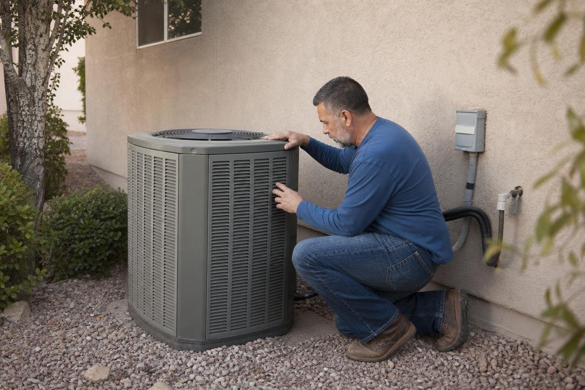 A person in a blue shirt and jeans kneels outside, inspecting or repairing a large air conditioning unit next to a building.