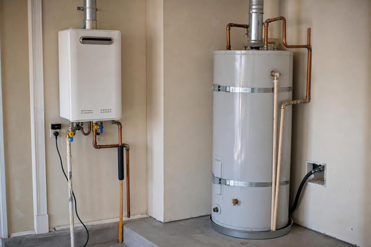 A tankless water heater and a traditional water heater are installed side by side in a utility room, with visible pipes and venting attached to both units.